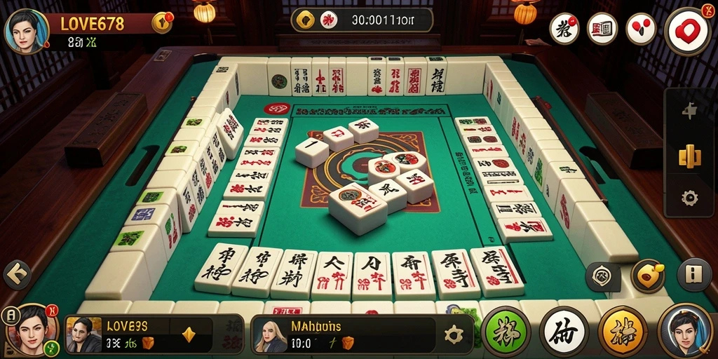 Tampilan gameplay menarik dari LOVE678 dengan ubin Mahjong berwarna-warni.