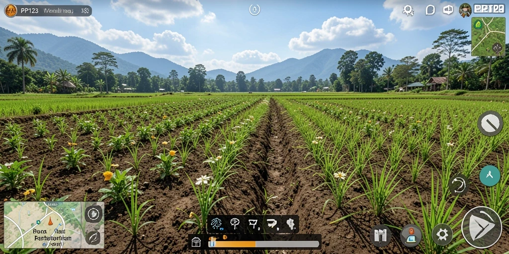 Tangkapan layar utama PP123 menunjukkan gameplay seru dan aktif dalam bertani.