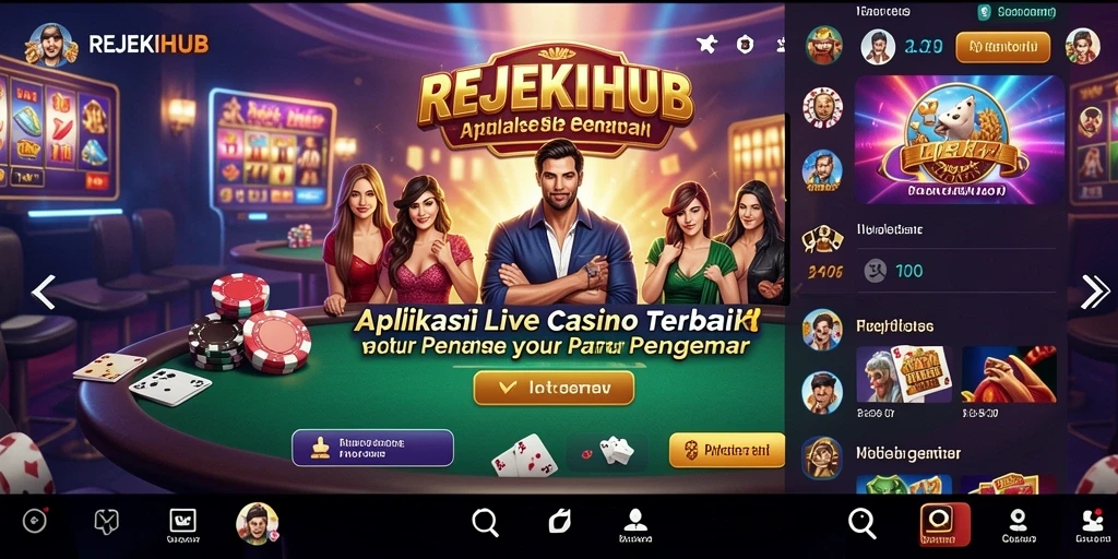 Screenshot gameplay REJEKIHUB menampilkan dealer cantik dalam suasana kasino langsung.
