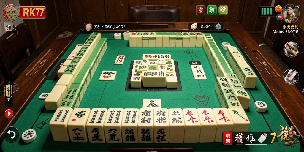 Tampilan gameplay seru RK77 dengan ubin Mahjong yang berwarna-warni.