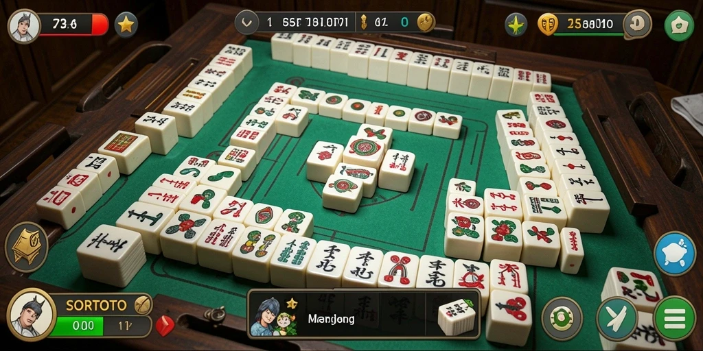 Tampilan gameplay SORTOTO dengan ubin Mahjong yang berwarna-warni.